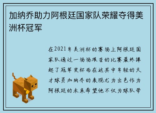 加纳乔助力阿根廷国家队荣耀夺得美洲杯冠军