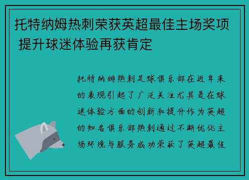 托特纳姆热刺荣获英超最佳主场奖项 提升球迷体验再获肯定