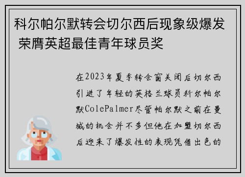科尔帕尔默转会切尔西后现象级爆发 荣膺英超最佳青年球员奖