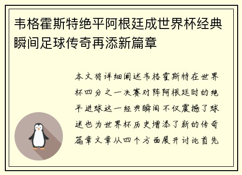 韦格霍斯特绝平阿根廷成世界杯经典瞬间足球传奇再添新篇章
